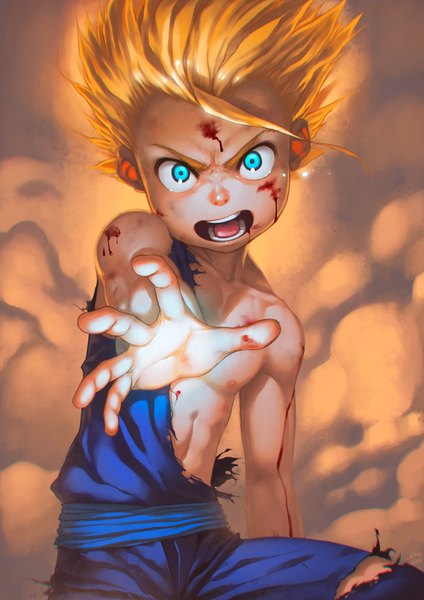 Anime picture 1131x1600 with dragon ball son gohan alkemanubis single tall image looking at viewer short hair open mouth blonde hair aqua eyes teeth torn clothes outstretched arm smoke frown boy blood