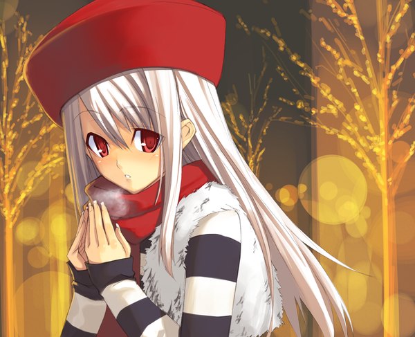 Anime picture 1232x1000 with fate (series) fate/stay night studio deen type-moon illyasviel von einzbern shingo (missing link) single red eyes white hair fur hat girl plant (plants) hat tree (trees) winter clothes