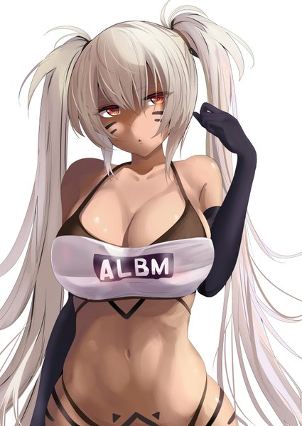 Anime picture 1254x1771 with azur lane alabama (azur lane) schreibe shura single long hair tall image looking at viewer fringe breasts open mouth light erotic simple background hair between eyes large breasts white background bare shoulders payot silver hair upper body arm up