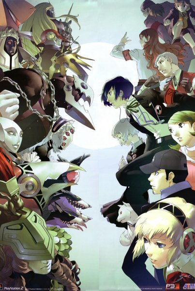 Anime picture 1176x1750 with persona 3 persona aegis arisato minato kirijou mitsuru takeba yukari sanada akihiko yamagishi fuuka aragaki shinjirou amada ken iori junpei koromaru soejima shigenori tall image scan group everyone helmet dog