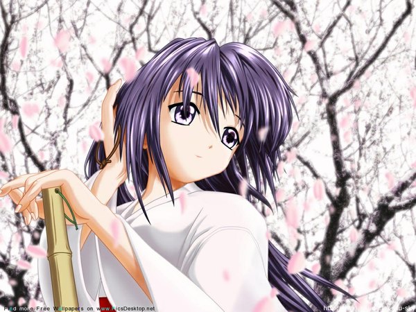 Anime picture 1024x768 with samurai spirits single long hair purple eyes purple hair miko girl plant (plants) tree (trees) branch broom