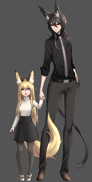 Anime picture 606x1200 with original sigma99 long hair tall image blush blue eyes black hair simple background blonde hair smile red eyes multiple girls animal ears tail animal tail grey background fox ears holding hands fox tail fox girl