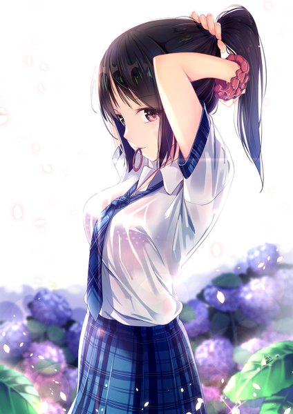 Anime picture 868x1228 with original yan (nicknikg) single long hair tall image looking at viewer fringe light erotic black hair holding brown eyes ponytail arms up short sleeves depth of field mouth hold plaid skirt wet clothes wrist scrunchie wet shirt