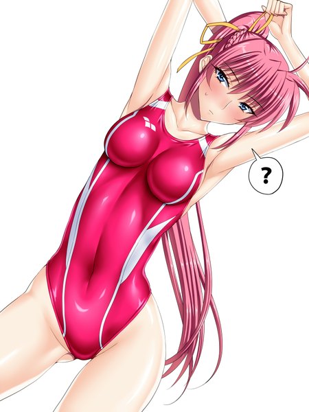 Anime picture 1500x2000 with mahou shoujo lyrical nanoha signum sen (sansui) single long hair tall image looking at viewer blush breasts blue eyes light erotic simple background white background pink hair ponytail girl swimsuit