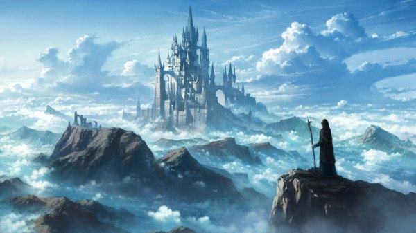 Anime picture 2848x1600 with original tomaknights (artist) single highres wide image standing holding sky cloud (clouds) from behind shadow mountain silhouette rock hood staff castle