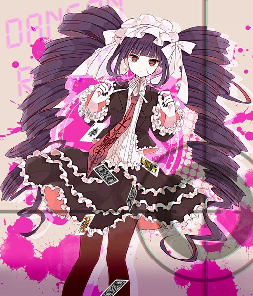 Anime picture 858x1003 with dangan ronpa celestia ludenberg tall image looking at viewer purple eyes twintails purple hair very long hair nail polish drill hair girl dress shirt pantyhose necktie hairband buttons lace card (cards)