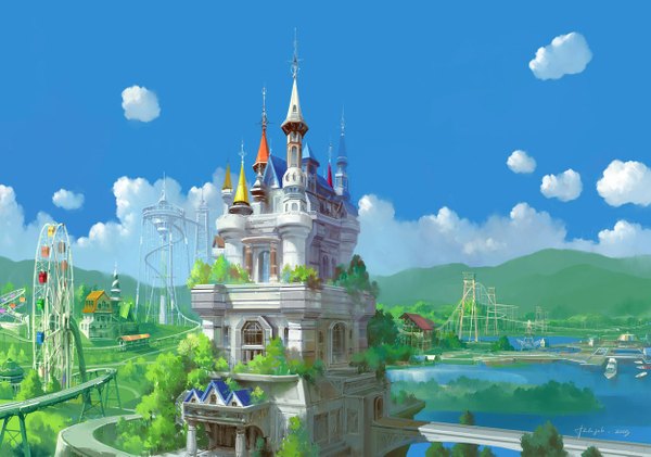 Anime picture 1250x879 with original paperblue cloud (clouds) wallpaper mountain landscape fantasy panorama tree (trees) building (buildings) forest bridge ferris wheel amusement park roller coaster