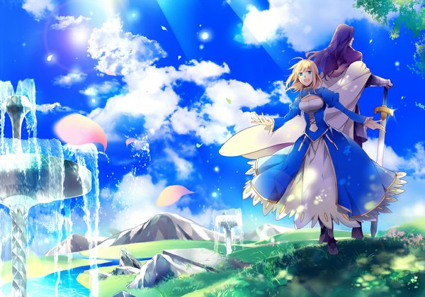 Anime picture 1100x769 with fate (series) fate/zero type-moon artoria pendragon (all) saber berserker (fate/zero) futaba hazuki breasts open mouth blonde hair standing holding sky purple hair cloud (clouds) aqua eyes sunlight happy spread arms mountain