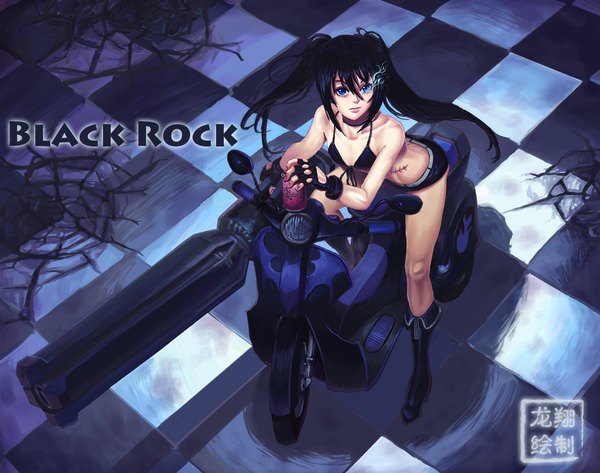 Anime picture 1019x804 with black rock shooter black rock shooter (character) baha single long hair looking at viewer blue eyes black hair twintails inscription glowing hieroglyph scar glowing eye (eyes) checkered floor girl weapon shorts fingerless gloves gun