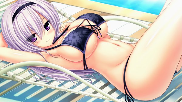 Anime picture 1280x720 with yakimochi stream yukikura mutsuki syroh single long hair looking at viewer blush breasts light erotic smile wide image large breasts purple eyes game cg white hair lying girl navel swimsuit bikini