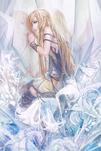 Anime picture 600x900 with vocaloid lily (vocaloid) yamakawa umi single long hair tall image fringe blue eyes blonde hair sitting bare shoulders looking away nail polish profile reflection strap slip girl flower (flowers) boots bracelet