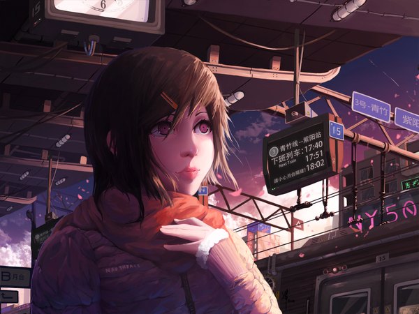 Anime picture 2000x1502 with guweiz single fringe highres short hair brown hair pink eyes lips lipstick eyebrows pink lipstick girl hair ornament hairclip scarf winter clothes train station
