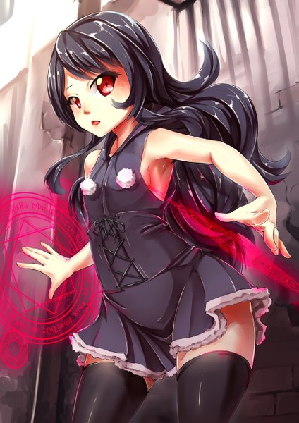 Anime picture 919x1300 with pack er 5 single long hair tall image looking at viewer fringe open mouth black hair red eyes standing bare shoulders armpit (armpits) magic lacing girl dress black dress magic circle