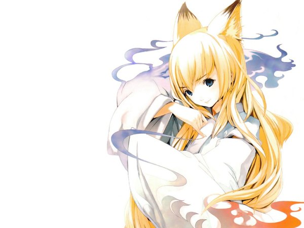 Anime picture 1024x768 with wagaya no oinari-sama zexcs tenko kuugen houden eizou white background japanese clothes fox girl miko girl