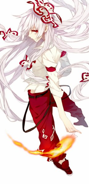 Anime picture 400x824 with touhou fujiwara no mokou psd (pixiv) single tall image looking at viewer simple background red eyes white background white hair very long hair profile from above hand on hip girl bow hair bow shirt white shirt suspenders