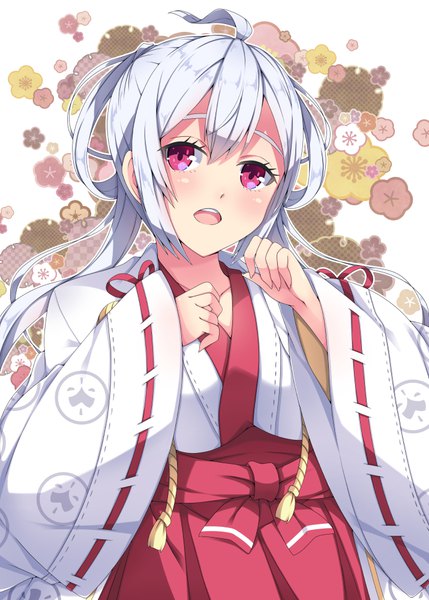 Anime picture 715x1000 with phantasy star phantasy star online 2 sega matoi (pso2) milkpanda single long hair tall image blush open mouth red eyes silver hair ahoge traditional clothes japanese clothes miko girl flower (flowers)
