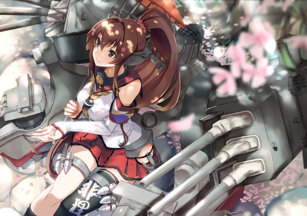 Anime picture 1416x1000 with kantai collection yamato super battleship tsuuhan long hair fringe breasts smile brown hair large breasts sitting bare shoulders brown eyes bent knee (knees) ponytail pleated skirt hair flower from above sunlight inscription cherry blossoms