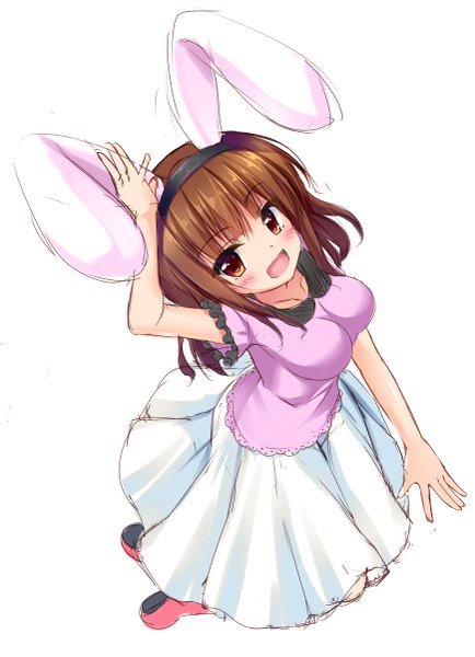 Anime picture 869x1200 with takuma ss single long hair tall image looking at viewer blush fringe open mouth simple background hair between eyes brown hair white background brown eyes animal ears payot full body :d from above short sleeves bunny ears