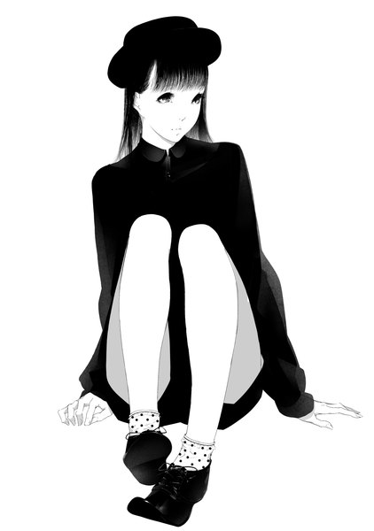Anime picture 1000x1423 with original sousou (sousouworks) single long hair tall image black hair simple background white background sitting looking away full body grey eyes monochrome polka dot casual girl socks shorts blouse top hat