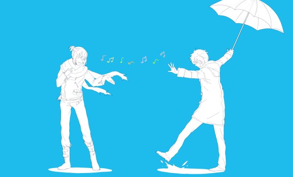 Anime picture 1480x900 with no.6 studio bones nezumi (no.6) shion (no.6) fringe short hair wide image blue background music boy jacket scarf umbrella pants coat