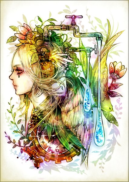 Anime picture 1760x2480 with original tayuya1130 single long hair tall image highres blonde hair yellow eyes profile framed face paint multicolored girl flower (flowers) plant (plants) animal water headphones bird (birds) clock