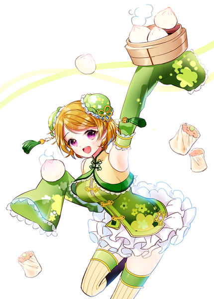 Anime picture 600x837 with love live! school idol project sunrise (studio) love live! koizumi hanayo rarumi single tall image looking at viewer blush short hair open mouth brown hair white background purple eyes bent knee (knees) long sleeves traditional clothes from above armpit (armpits) hair bun (hair buns)