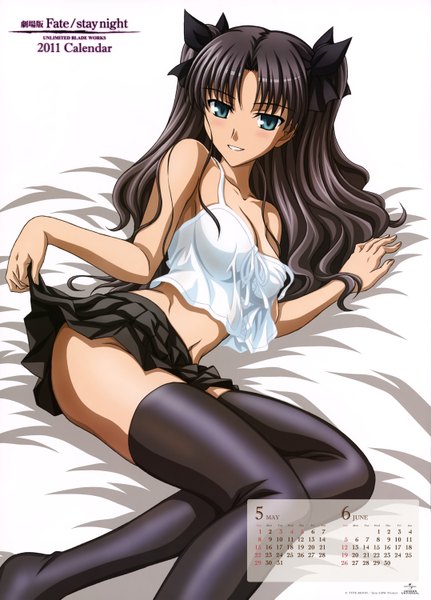 Anime picture 4309x5995 with fate (series) fate/stay night toosaka rin single long hair tall image looking at viewer blush highres blue eyes light erotic black hair absurdres scan calendar 2011 girl thighhighs skirt bow black thighhighs