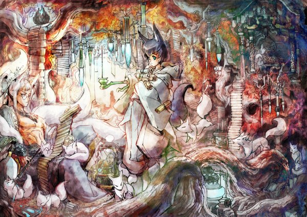 Anime picture 1200x849 with loiza long hair short hair blue eyes black hair animal ears silver hair tail traditional clothes japanese clothes animal tail multiple tails silver eyes girl boy animal glasses fox