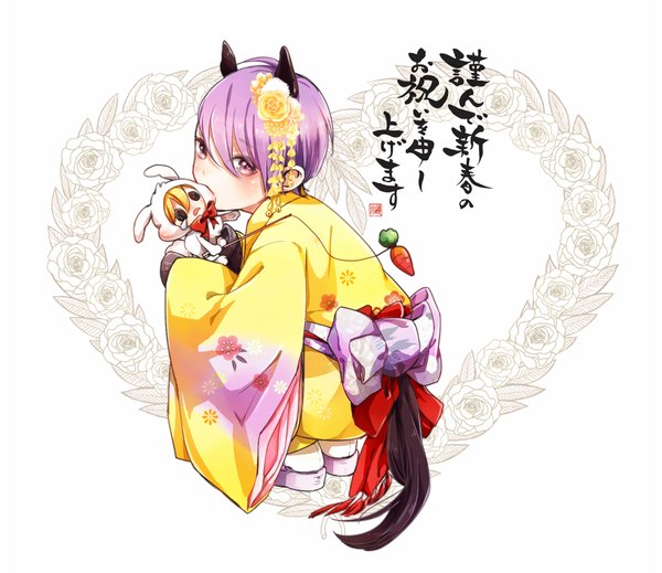 Anime picture 965x836 with lucky dog giulio di bondone gian carlo komichi96 single looking at viewer blush fringe short hair simple background hair between eyes white background purple eyes animal ears purple hair tail traditional clothes japanese clothes animal tail wide sleeves