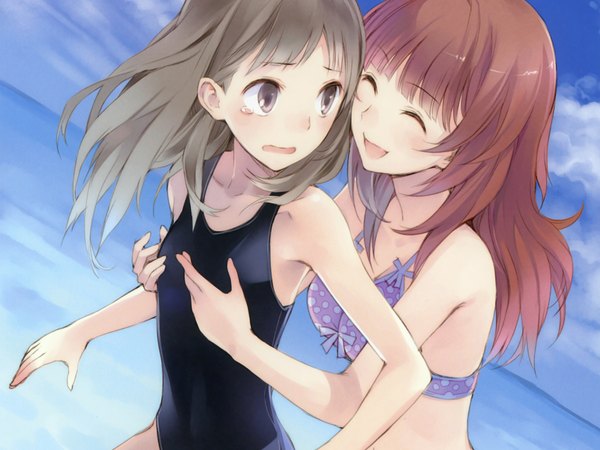Anime picture 2048x1536 with atelier (series) gust (company) atelier rorona and totori (artbook) totooria helmold rororina fryxell kishida mel long hair blush highres open mouth blonde hair brown hair multiple girls game cg eyes closed grey eyes girl 2 girls swimsuit one-piece swimsuit