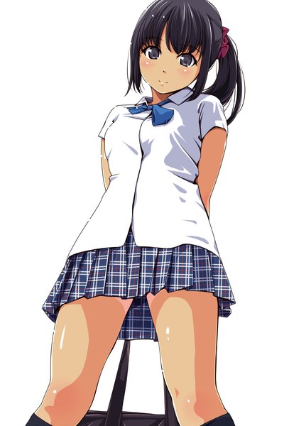 Anime picture 800x1200 with original matsunaga kouyou single long hair tall image blush black hair simple background white background black eyes side ponytail girl skirt uniform school uniform shirt white shirt