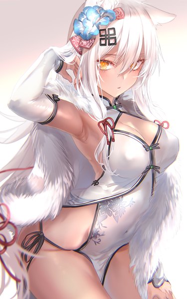 Anime picture 2000x3200 with girls frontline m590 (girls frontline) pottsness single long hair tall image fringe highres breasts light erotic simple background hair between eyes large breasts animal ears yellow eyes cleavage traditional clothes arm up hair flower armpit (armpits)