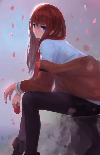 Anime picture 2389x3695 with steins;gate white fox makise kurisu kisei2 single long hair tall image looking at viewer fringe highres blue eyes brown hair sitting holding parted lips open clothes open jacket leaning girl petals