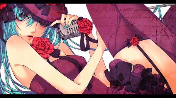 Anime picture 1200x675 with vocaloid hatsune miku natsuki0910 single long hair wide image nail polish aqua eyes aqua hair girl thighhighs dress flower (flowers) hat rose (roses) microphone red rose