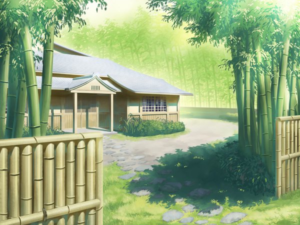 Anime picture 1280x960 with touhou aoha (twintail) sunlight shadow no people bamboo forest plant (plants) tree (trees) grass forest road bushes japanese house bamboo