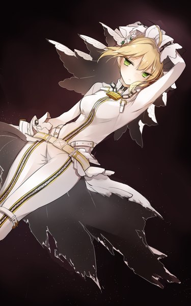 Anime picture 600x960 with fate (series) fate/extra fate/extra ccc type-moon nero claudius (fate) (all) nero claudius (bride) (fate) lpip single tall image looking at viewer blush fringe short hair breasts simple background blonde hair standing holding green eyes ahoge