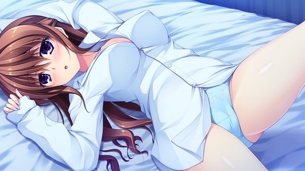 Anime picture 1280x720 with pretty x cation 2 hibiki works hayase chitose single long hair blush open mouth blue eyes light erotic brown hair wide image game cg lying girl underwear panties shirt blue panties