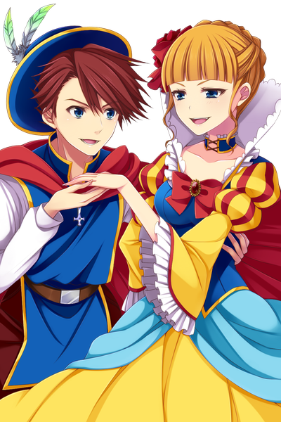 Anime picture 960x1440 with umineko no naku koro ni snow white and the seven dwarfs beatrice ushiromiya battler uzu hi tall image short hair open mouth blue eyes blonde hair smile brown hair couple transparent background cosplay girl dress boy hat