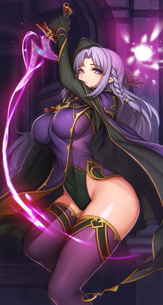 Anime picture 821x1539 with fate (series) fate/stay night caster evan yang single long hair tall image breasts light erotic purple eyes purple hair braid (braids) girl thighhighs gloves weapon black gloves elbow gloves dagger