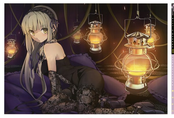 Anime picture 5986x4074 with megami magazine girl's avenue azuma syoujuan single long hair highres blonde hair bare shoulders yellow eyes absurdres scan girl dress gloves elbow gloves hairband pillow beads lamp