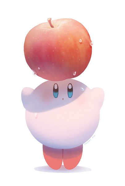 Anime picture 800x1184 with kirby (series) kirby ayu (mog) single tall image open mouth blue eyes simple background white background signed full body :o shadow wet looking up food fruit apple creature
