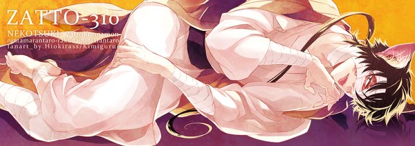 Anime picture 1415x500 with rakudai ninja rantarou zatto konnamon hiokirasu single long hair open mouth black hair wide image animal ears ponytail lying traditional clothes japanese clothes barefoot cat ears inscription boy tongue bandage (bandages) yukata