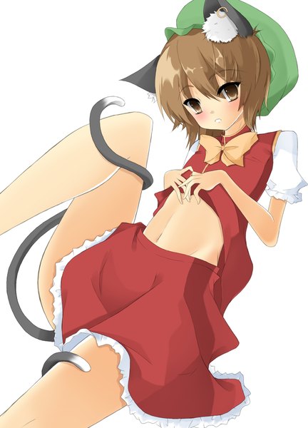Anime picture 1440x2000 with touhou chen noi (artist) single tall image short hair simple background brown hair white background brown eyes animal ears animal tail cat ears cat tail girl skirt navel bonnet skirt set