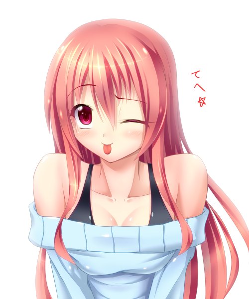 Anime picture 1000x1200 with original hyui cf2 single long hair tall image blush simple background red eyes white background bare shoulders red hair one eye closed wink :p girl