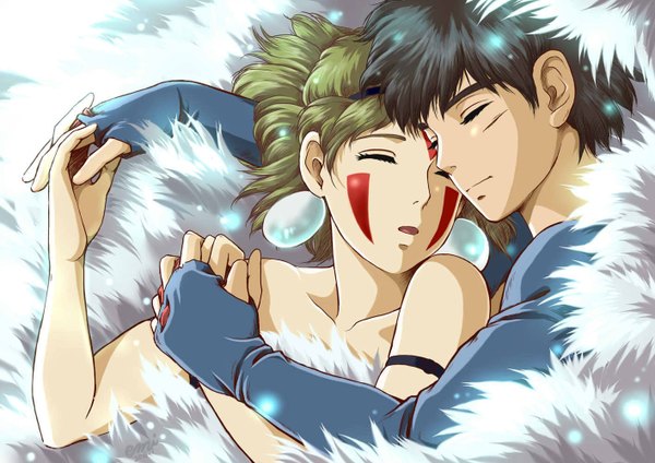 Anime picture 1414x1000 with mononoke hime studio ghibli san ashitaka emi (green wave) long hair fringe short hair open mouth light erotic black hair smile brown hair bare shoulders upper body eyes closed couple hug facial mark holding hands