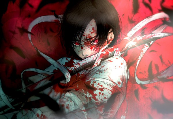 Anime picture 1448x996 with blood+ production i.g otonashi saya kuroe (pixiv5268156) single looking at viewer short hair black hair red eyes sparkle blood on face bloody clothes bloody weapon girl weapon sword katana blood feather (feathers) bandage (bandages)