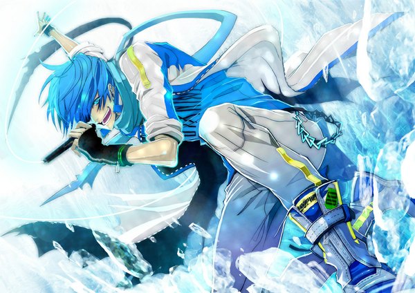 Anime picture 1000x707 with vocaloid kaito (vocaloid) tagme (artist) single fringe short hair open mouth blue eyes simple background smile blue hair wind hair over one eye open clothes open jacket spread arms twisty sleeves singing destruction cold
