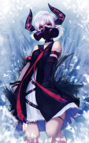 Anime picture 2841x4559 with original doku-chan (dokkudokudoku) single tall image looking at viewer highres short hair bare shoulders brown eyes silver hair horn (horns) pointy ears demon girl girl dress detached sleeves choker necktie respirator