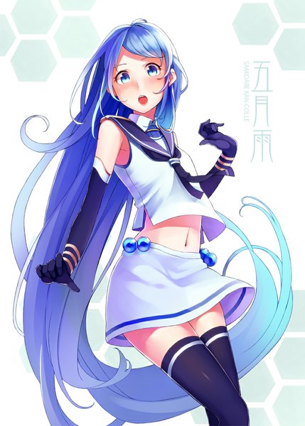 Anime picture 777x1086 with kantai collection samidare destroyer retsuna single tall image looking at viewer blush open mouth blue eyes blue hair very long hair :o zettai ryouiki girl thighhighs skirt gloves navel black thighhighs black gloves