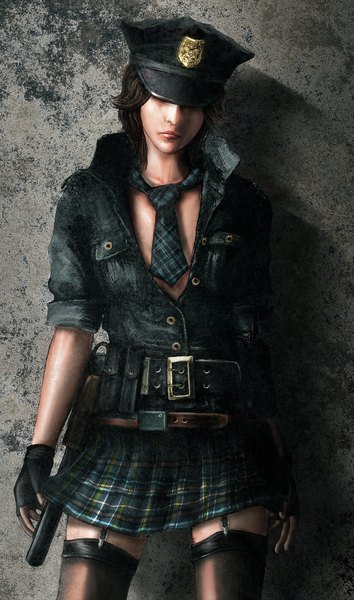 Anime picture 1152x1950 with resident evil helena harper masamune single tall image short hair brown hair standing realistic plaid skirt partially open clothes plaid twisty sleeves police girl thighhighs skirt gloves uniform miniskirt